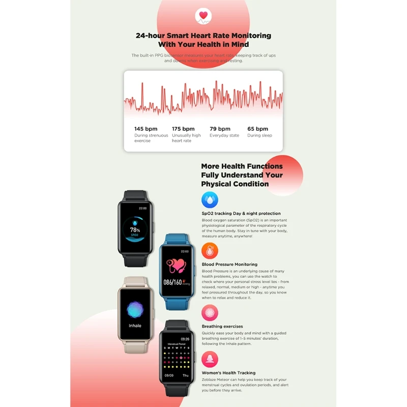 

Спортивные часы KX4A Zeblaze Meteor для мужчин и женщин, монитор температуры и сна, фитнес, прогноз погоды, артериальное давление, высокое разрешение