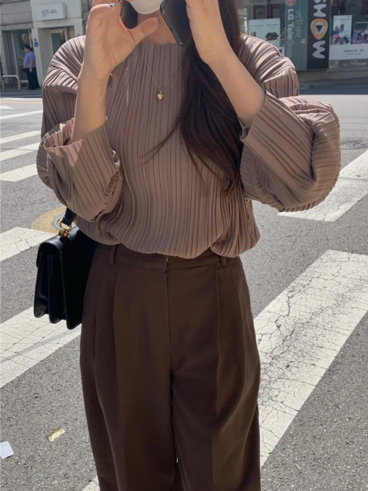 

Korean Ins 2022 Autumn New Women's French Design Sense Violet Pleated Shirt Women blouse blouse tops blouse