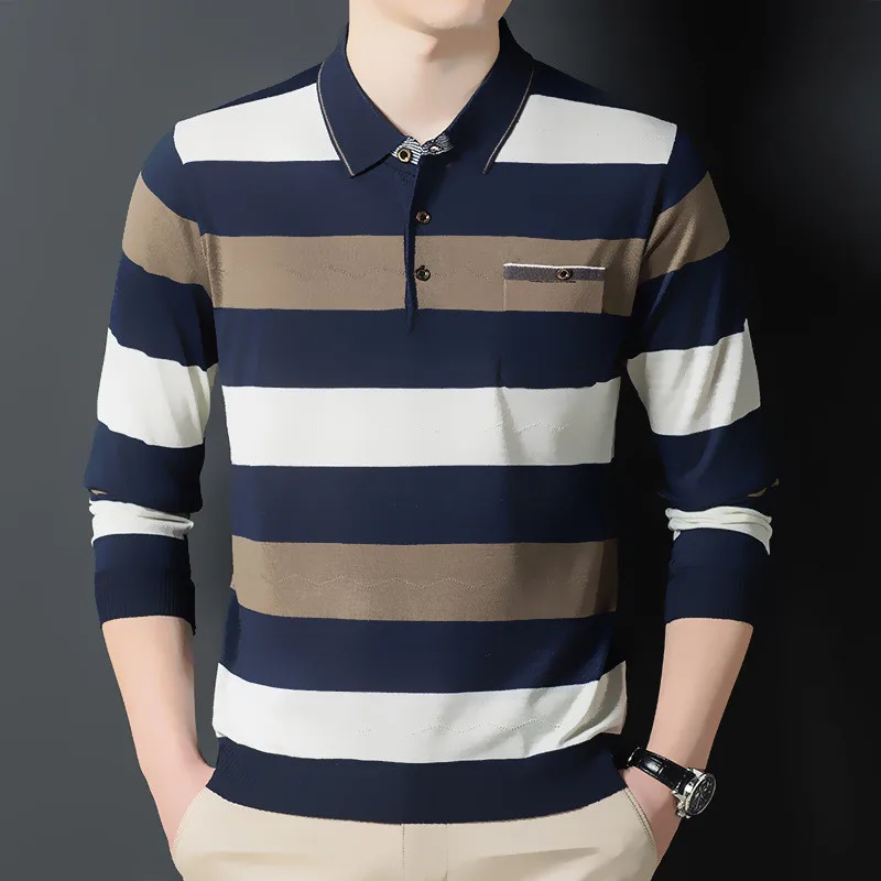 

Новинка 2023, популярная мужская рубашка-поло в деловом стиле, рубашка-поло для отдыха с длинными рукавами на осень и зиму, мужской Корейский облегающий Топ