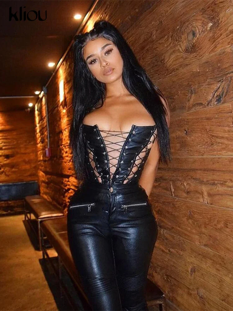 Kliou открытое Бандажное платье из искусственной кожи пу топ на бретелях для женщин