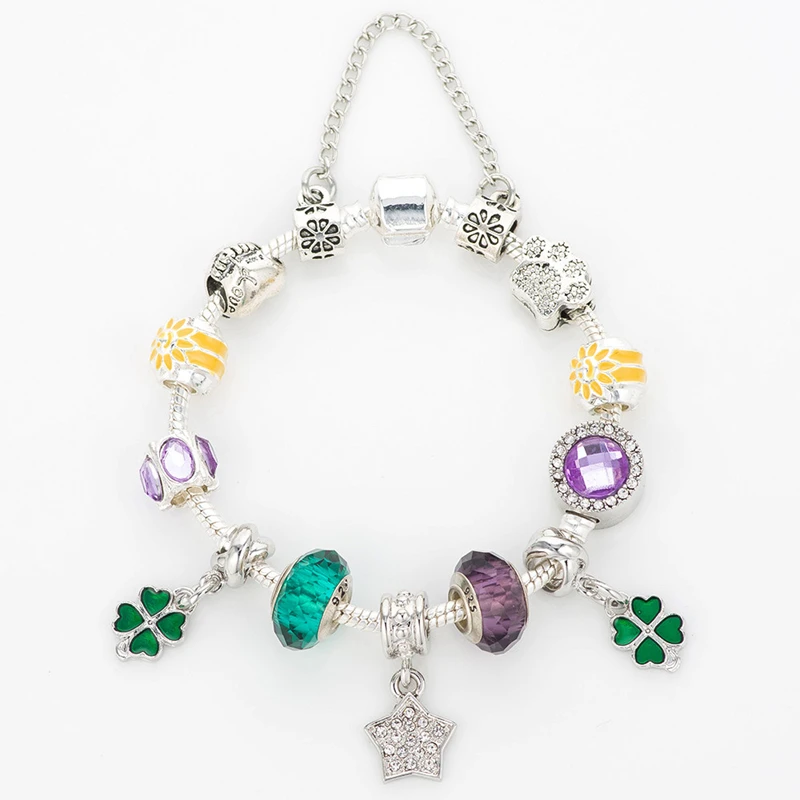 Clear CZ Star Pendant Pulsera Men Purple Green Glass Heart Clover Charms Bracelet for Women Sun Flower Paw Beads DIY Bijoux Gift
