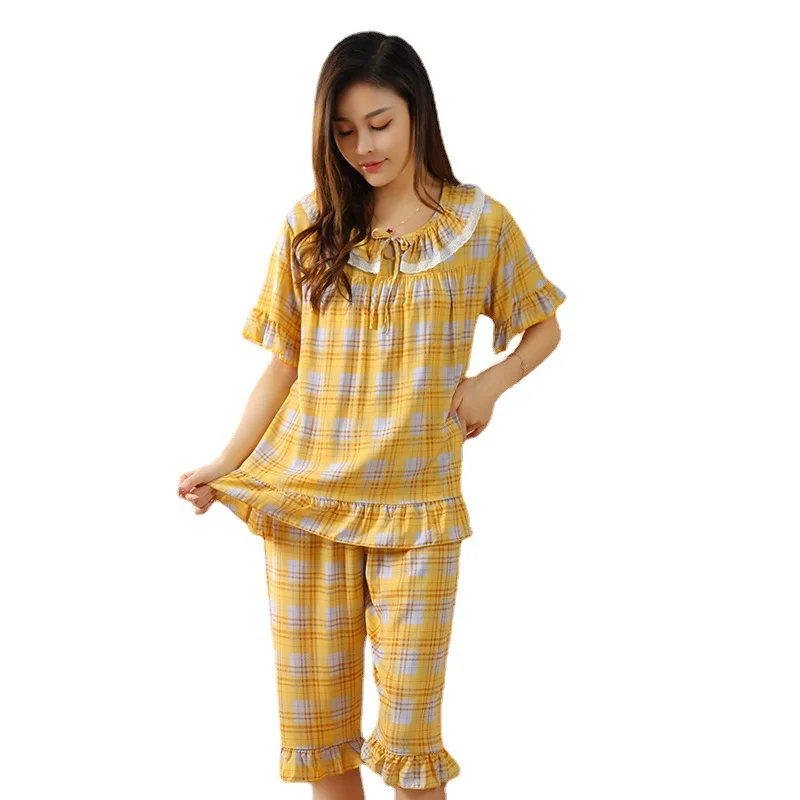 Pajamas for Women Summer Thin Short-sleeved Cropped Pants Two-piece Casual Plus Size Home Service Can Be Worn Outside Sleepwear