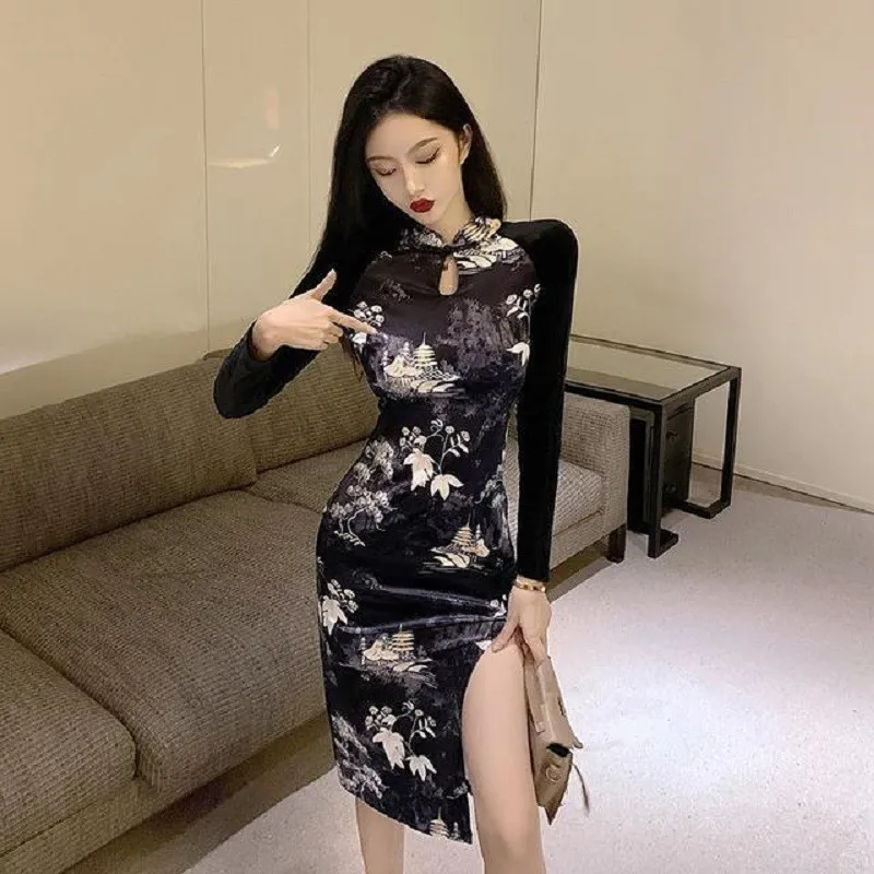 

Традиционное китайское платье для женщин, вельветовое тонкое современное сексуальное платье-Ципао в молодежном стиле, вечернее платье с разрезом на бедрах и цветочным принтом
