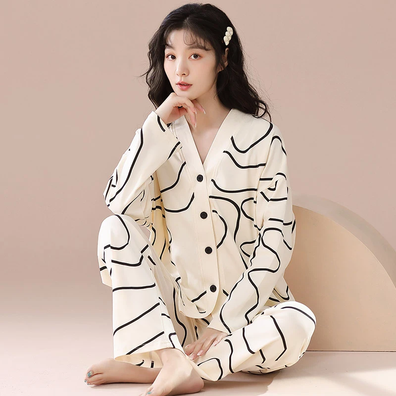 CAIYIER Sweet Strawberry Girls Nightwear V-Neck Long Sleeve Long Pants Sleepwear Suit Winter Pajamas Large Size 3XL Homewear