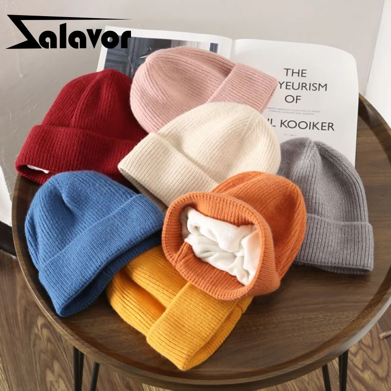 

ZALAVOR Women Beanie Hat Winter Warm Knitted Solid Color Skullies Caps Thick Fur Brimless Lady Casual Daily Home Headdress