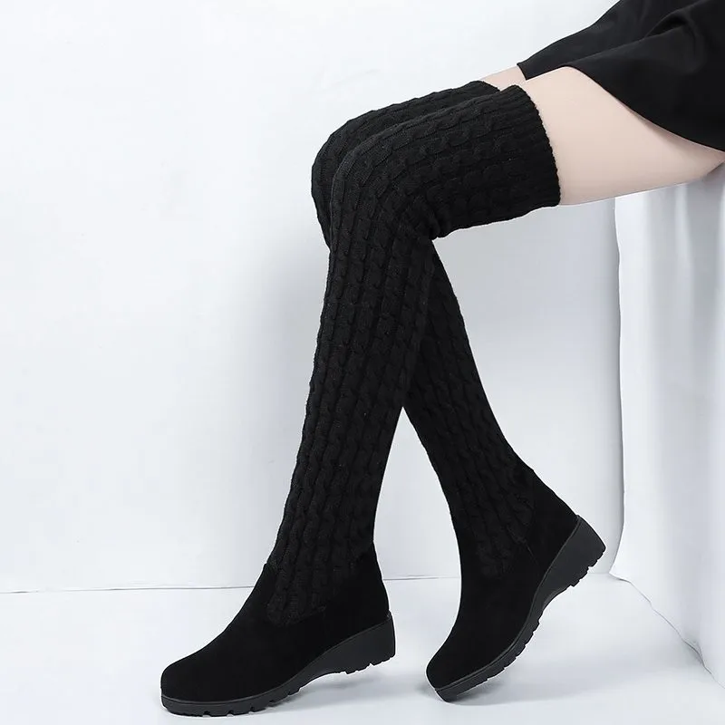 

Slim Leg Stovepipe Thigh High Boots Women Elastic Flock Long Botte Low Heel Over Knee Botas Winter Stretch Socks Knitting