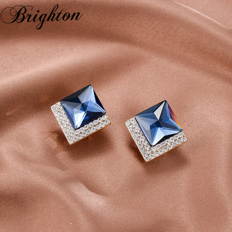 

Brighton Luxury Bijou Big Blue Zircon Stud Earrings For Women Party New Trendy Crystal Brincos Elegant Jewelry High Quality