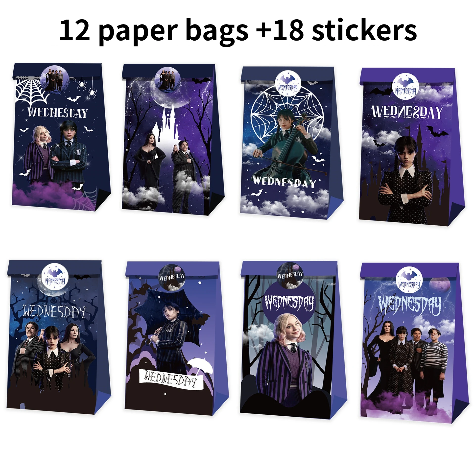 

Wednesday Addams Family Party Favors Gift Bag Set Decoration Candy Brown Paper Bag Sticker Biscuit Cake Bag Party DIY Supplies