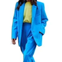 blue women bussiness suit pants one button notched lapel slim fit lady blazer jacket trouser set office female clothing