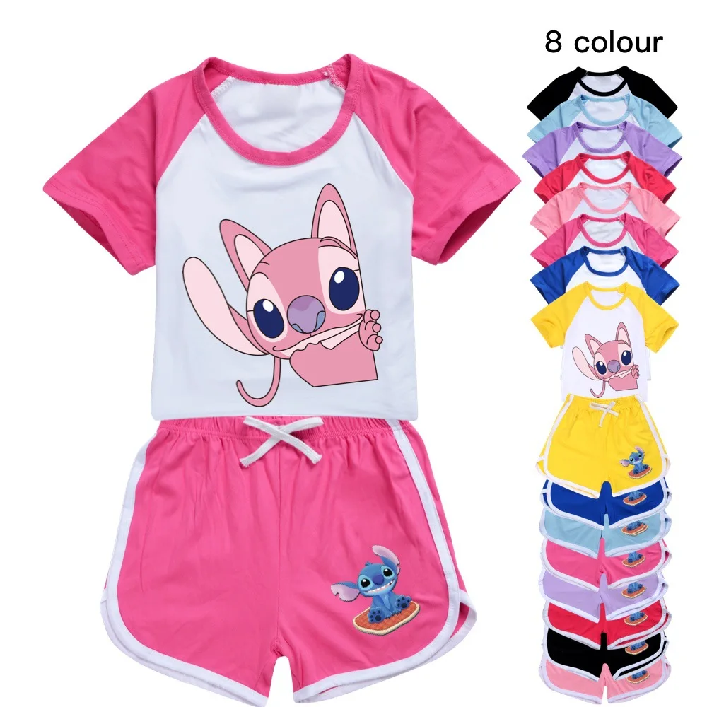 

Disney Stitch Kids Sportsuit Baby Girl Clothes Baby Boys Cotton T-shirt + Shorts 2pcs Suit Children's Summer Causal Clothing