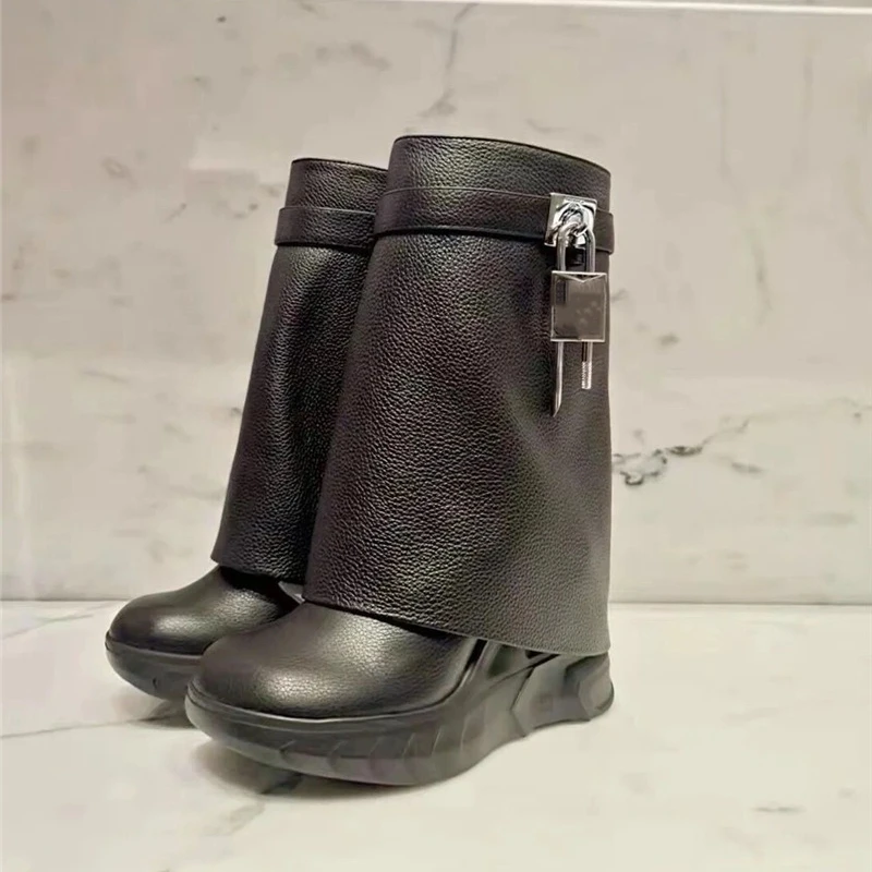 

Женские Теплые ботильоны большого размера для зимы, плюшевые ботинки до середины икры с замком, роскошная модная женская повседневная обувь на танкетке