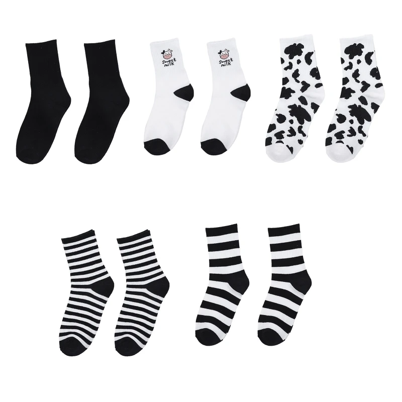

Женские носки в стиле Харадзюку, милые носки в полоску с коровьим принтом, скейтборд средней длины, чулочно-носочные изделия,