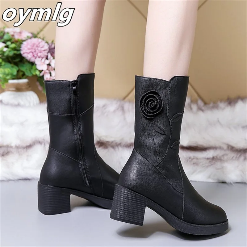 Autumn and winter new mid-boots women's new mid-heel plus velvet leather boots cotton shoes women's thick heel women's boots