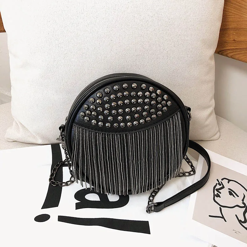 

Luxury Round Handbags Women Purse Bags Designer Punk Style Chain Shoulder Bag Ladies Small Rivet Tassel Crossbody Bag Sac A Main