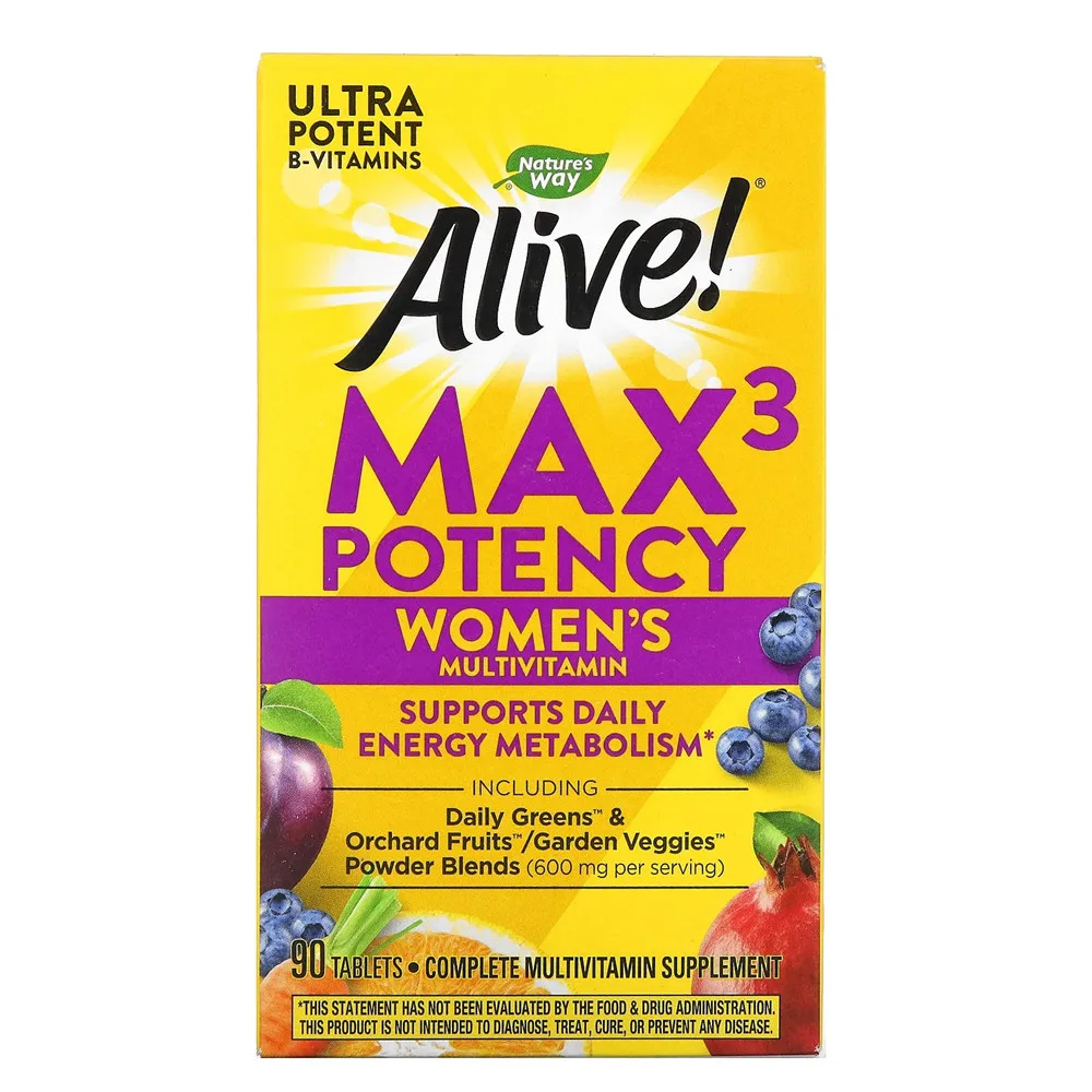 

Nature's Way Alive Max3 potency female multivitamin active vitamin B12 folate and other excellent B vitamins 90 tabs