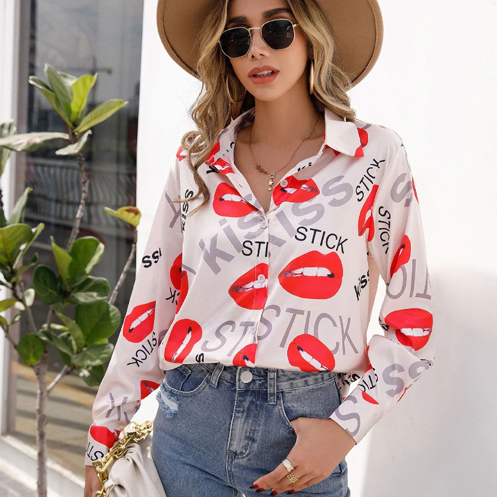 

Новая женская блузка в европейском и американском стиле с принтом красных губ, лацканами и длинными рукавами, модная весенне-летняя рубашка, Женский Топ