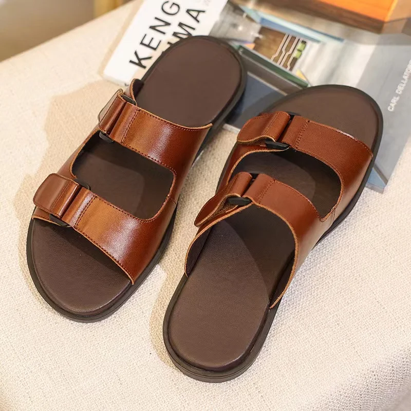 High Quality Summer Men's Scalp Cowhide Leather Slippers Man Two Buckle Slides Footwear Non-slip Beach Shoes For Male Size 38-44