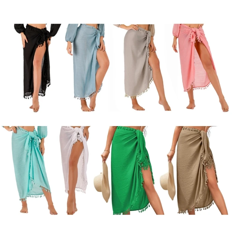 

Long Beach Sarong Womens Semi-Sheer Swimwear Bikini Cover-Ups Side Tie Wrap Maxi Skirt with Tassels for Swimwear
