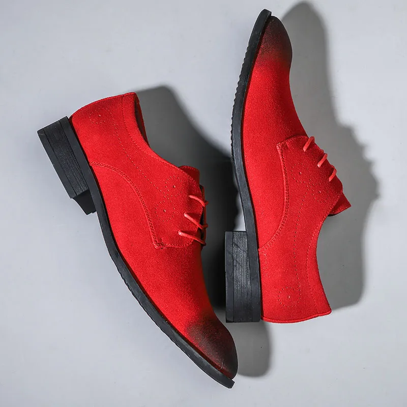 2023 Spring Suede Leather Men Shoes Oxford Casual Shoes Classic Sneakers Footwear Weddding Dress Shoes Large Size Flats Red images - 6