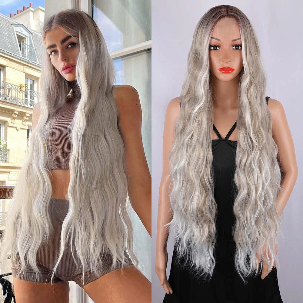 Stamped Glorious Long Curly Synthetic Wig for Womnen Platinum Blonde Water Wave Hair Wig for Daily Partries
