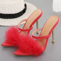 2022 summer new sexy pointed toe furry slippers ladies sandals fashion design metal heel women mules shoes high heel slides