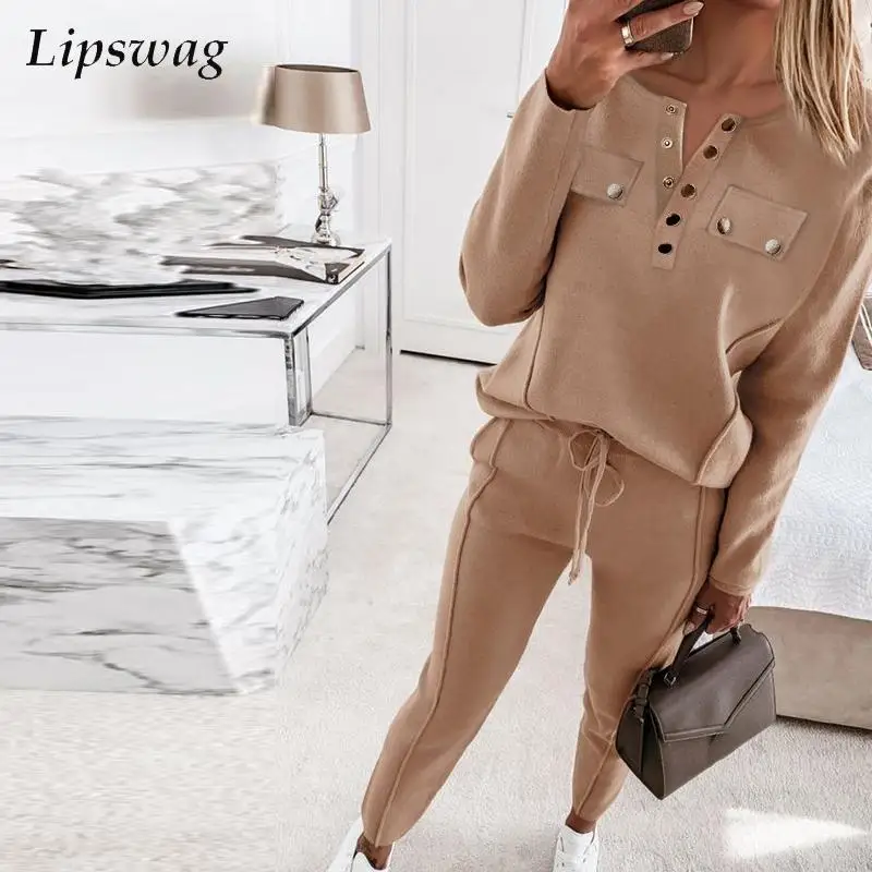 

Fashion Women Two Piece Set Casual Button Sweatshirt Tracksuit Autumn Winter Long Sleeve Loose Top And Tie-up Sport Pants Outfit