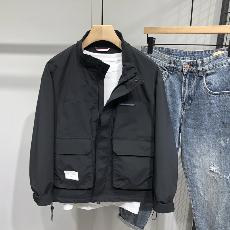 

Korean Style Men's Casual Thin Jacket 2023 Spring New Large Pocket Stand Collar Fashion Slim Coat Male Brand Clothes Black White