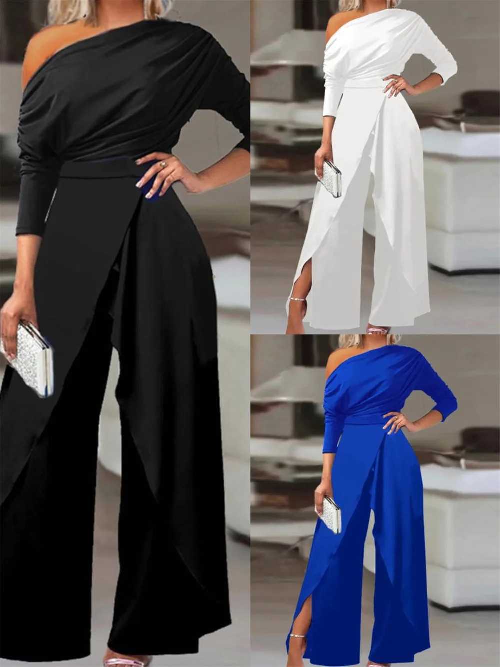 

Elegant Women Jumpsuits 2023 New in Sexy One Shoulder Wide Leg Bodysuits Office Lady Prom Party One Piece Jumpsuits