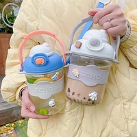 cartoon plastic straw cups with straps children drinking water cup cute large capacity water bottle for outdoor school travel