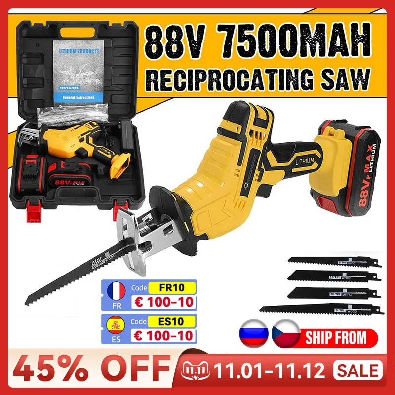 88V Rechargeable Cordless Reciprocating Saw 4 Blades Metal Cutting Woodworking Tool Kit with 1/2 Li-ion Battery EU Plug
