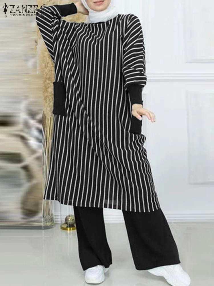 

ZANZEA Vintage Long Sleeve Loose Long Tops Wide Leg Trousers Suits Casual Muslim Sets Women Spring Striped Pants Sets Tracksuits