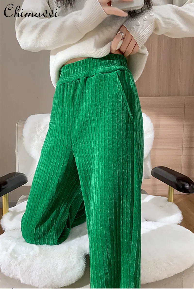 

Fashion Thickening Wide Leg Pants Women's 2022 Autumn and Winter New High Waist Drooping Loose Striped Corduroy Casual Pants