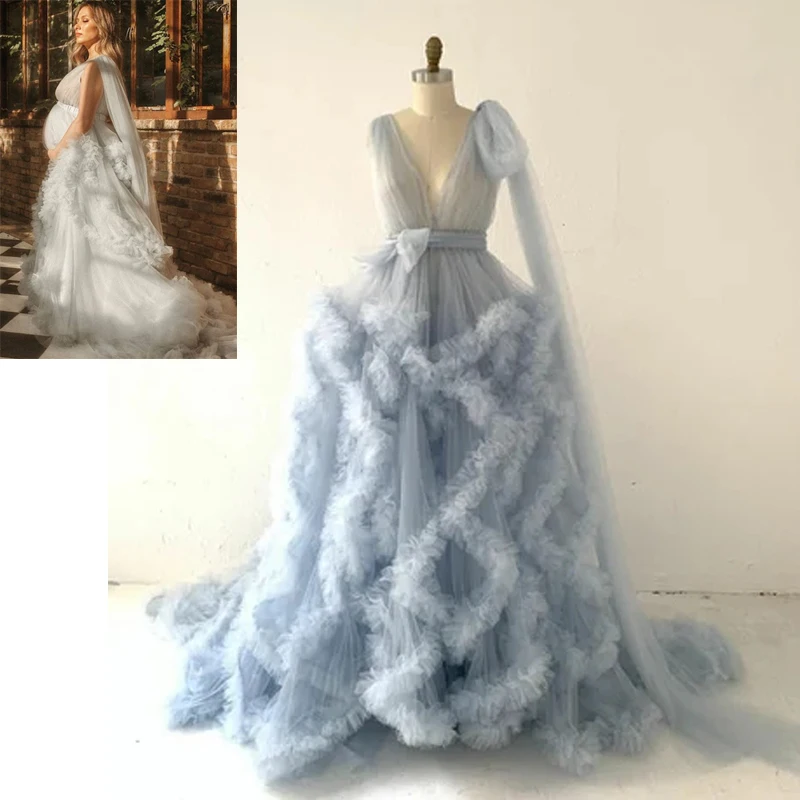 Blue Tulle Maternity Dress for Photo Shoot/Plus Size Maternity Gown/Baby Shower Dress/Photography Dress