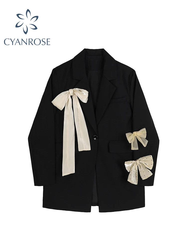Fashion Women's Blazer Long Sleeve Black Suit Coats Bow Lace-Up Design 2022 Autumn New Casual Jacket Office Lady Loose Suit Coat