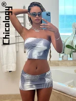 chicology 2022 women printed strapless crop tops mini skirts 2 two piece skirt sets party streetwear vacation summer outfits