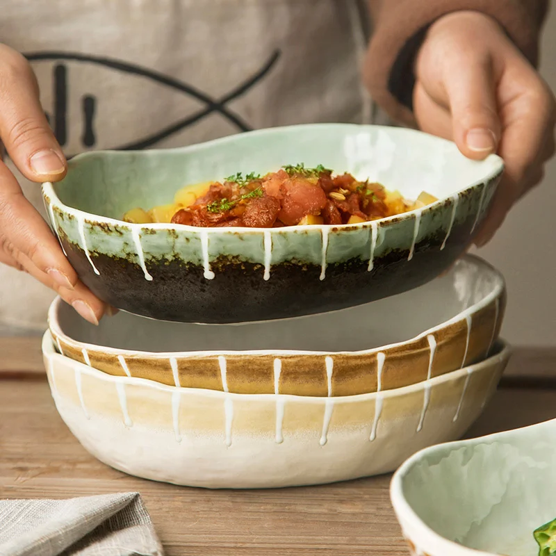

Креативная овальная керамическая обеденная тарелка в ретро-стиле, бытовые чаши для супа, блюда для овощей, салата, домашние чаши для риса и в...
