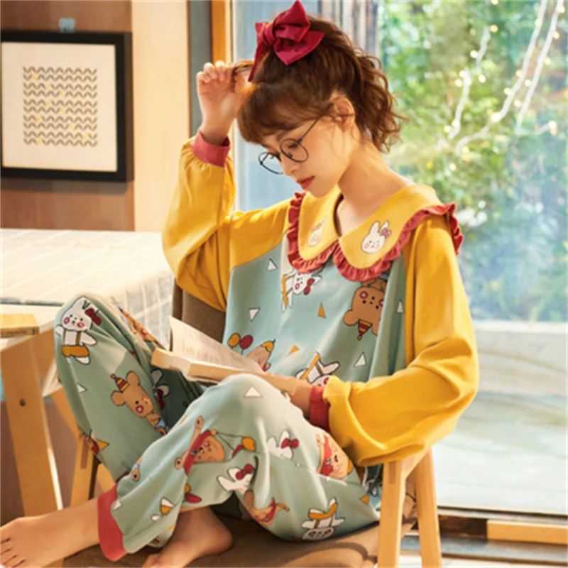 Autumn Pajamas Set Sexy Princess Neck Sleepwear For Women Pink Elastic Pyjama Women's Fashion Soft Cotton Homewear Clothes