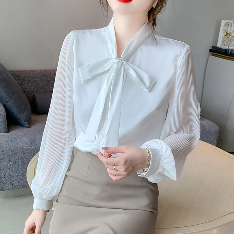 Женская блузка с длинным рукавом и бантом на воротнике Повседневная офисная