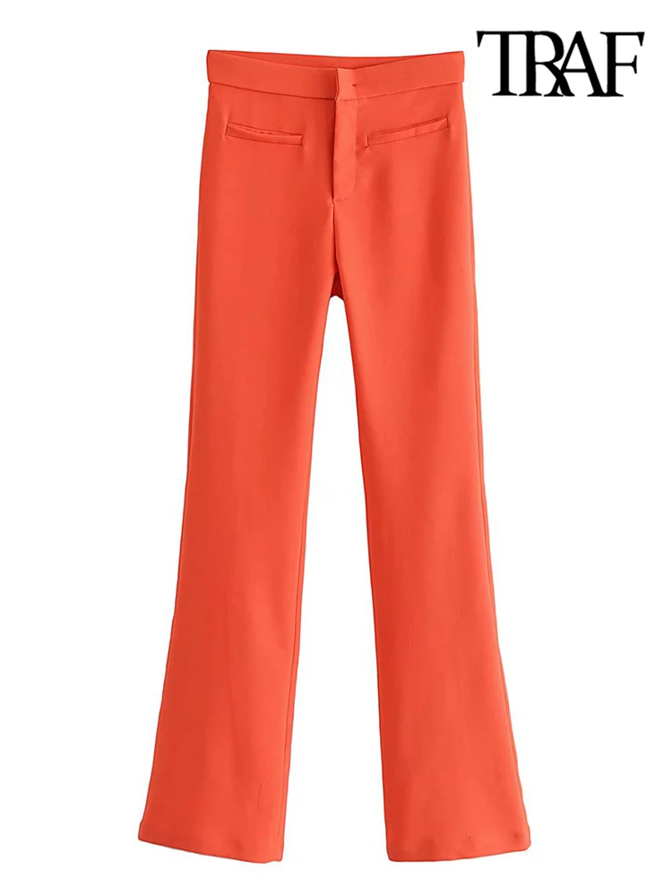 

TRAF Women Fashion Skinny Mini Flare Trousers Vintage High Waist Zipper Fly Female Pants Mujer