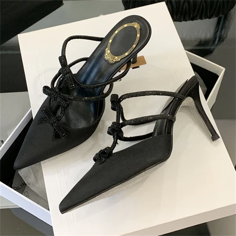 Aneikeh/летняя модная элегантная пикантная обувь на тонком высоком каблуке, туфли-лодочки с острым носком, сандалии, женские тапочки с бантом и кристаллами