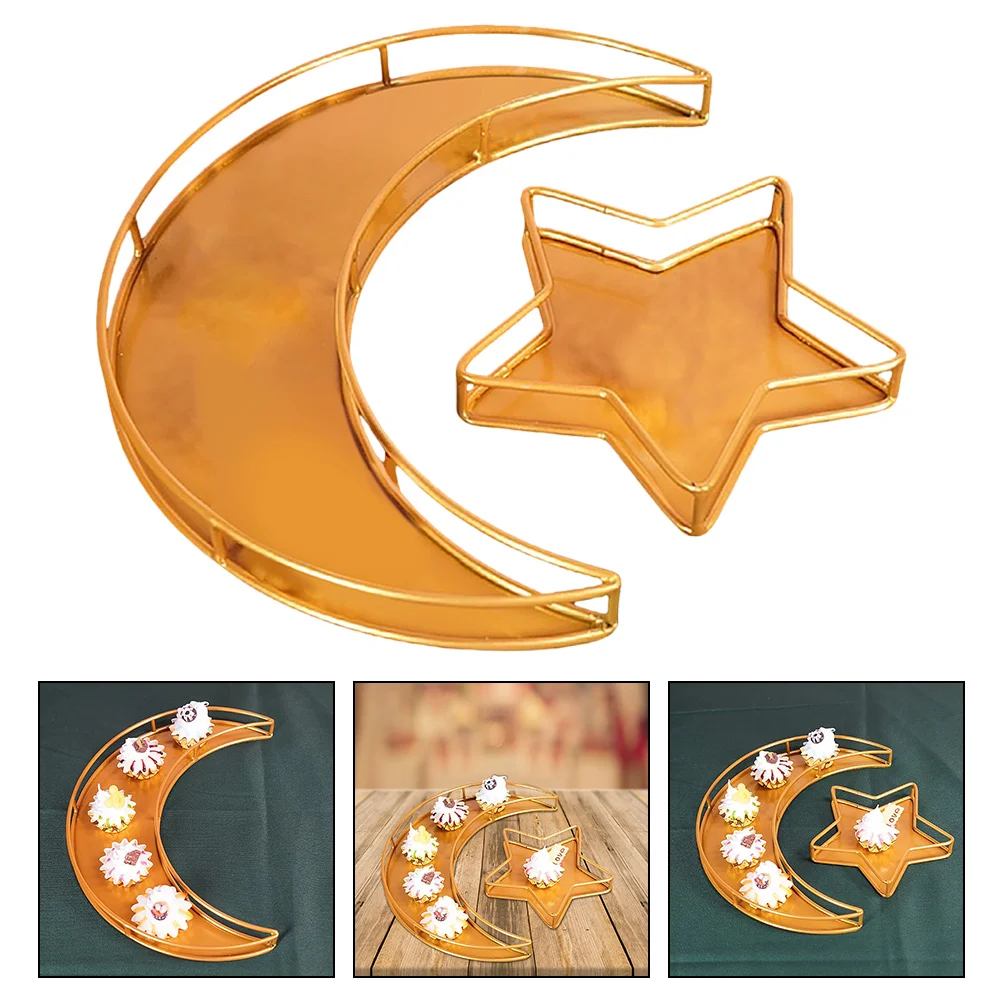 

2Pcs Iron Eid Plate Metal Fruit Plate Dessert Plate Moon Shaped Fruit Plate (Golden)
