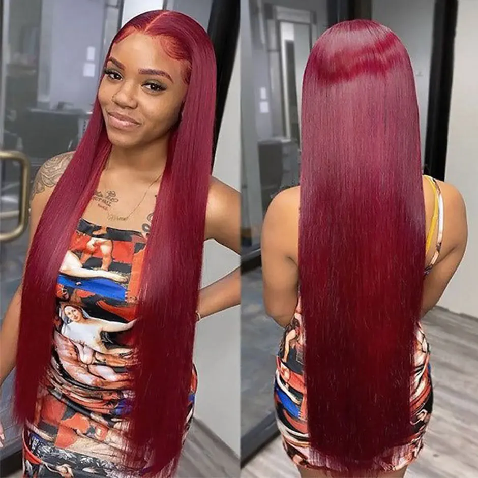 Парик без клея из человеческих волос готовый к использованию бордовые прямые