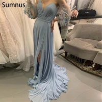 sumnus grey blue vintage chiffon evening dresses 2022 detachable puff sleeves 3d flowers slit robes de soir%c3%a9e party dresses