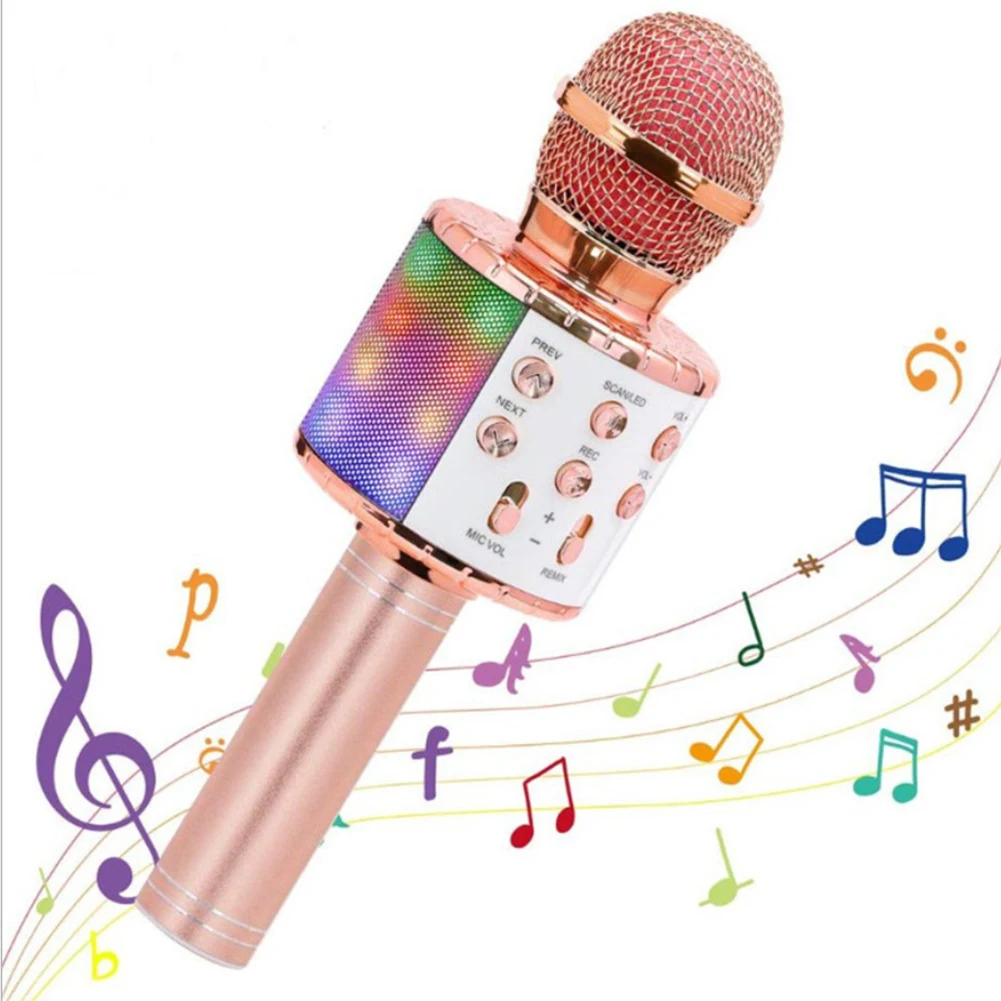 

Portable USB Charging Wireless Karaoke Microphone Bluetooth Handheld Portable Speaker Home KTV Player with Dancing LED Lights