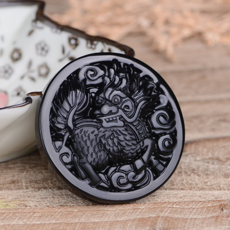 

Natural Obsidian Carved Kylin Drop Pendant Necklace for Women Men Handmade Auspicious Animal Charms Amulet Lucky Jewelry Gifts