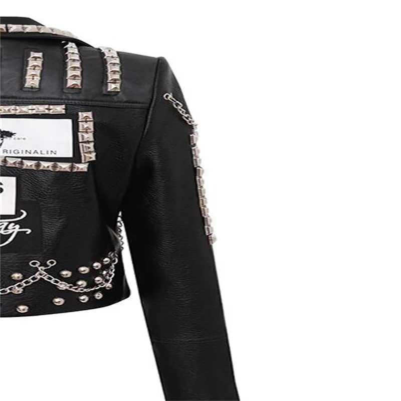 Autumn winter motorcycle leather jacket women new heavy industry rivet coats graffiti print short slim clothes fashion black