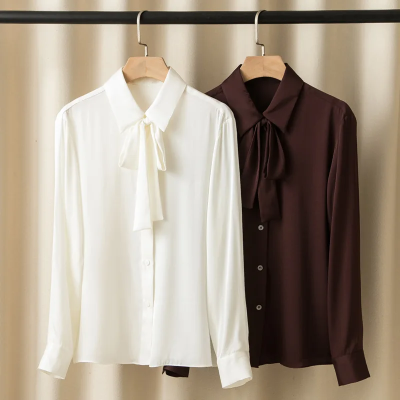 

Женская рубашка с отложным воротником и лентой, элегантная офисная однобортная блузка с длинным рукавом, осень 2023