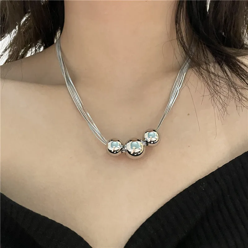 

European Punk Personality Silver Color Multi-layer Round Ball Pendant Chain Necklace For Women Men Charms Sweater Choker Jewelry