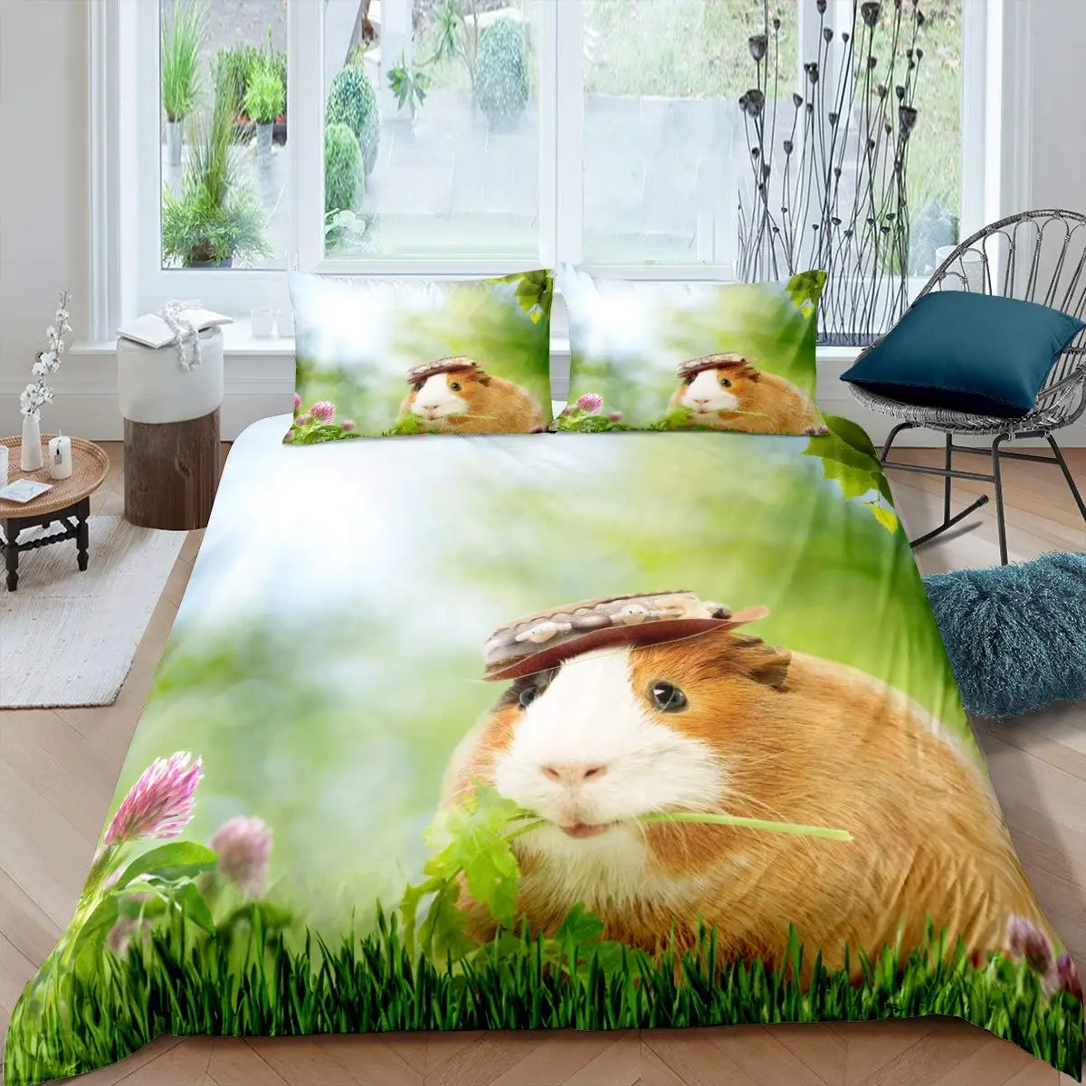 

Guinea Pig Duvet Cover Set Cute Cavy Pattern Bedding Set Animal Quilt Cover for Boys Girls Garden Nature Polyester Bedding Set