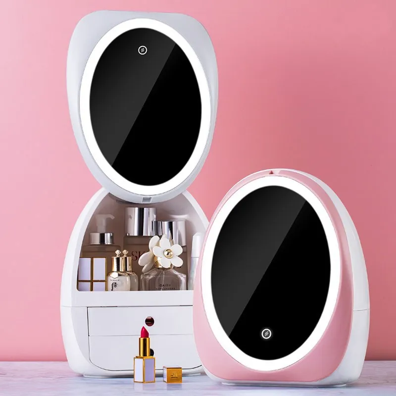 

LED Light Desktop Organizer HD Mirror Makeup Organizer Drawer type Creative Cosmetic Storage Box Protable Beauty Box